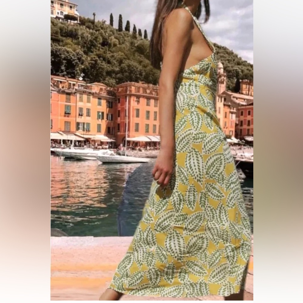 Zara Yellow & White Leaf-Print Backless Maxi Dress